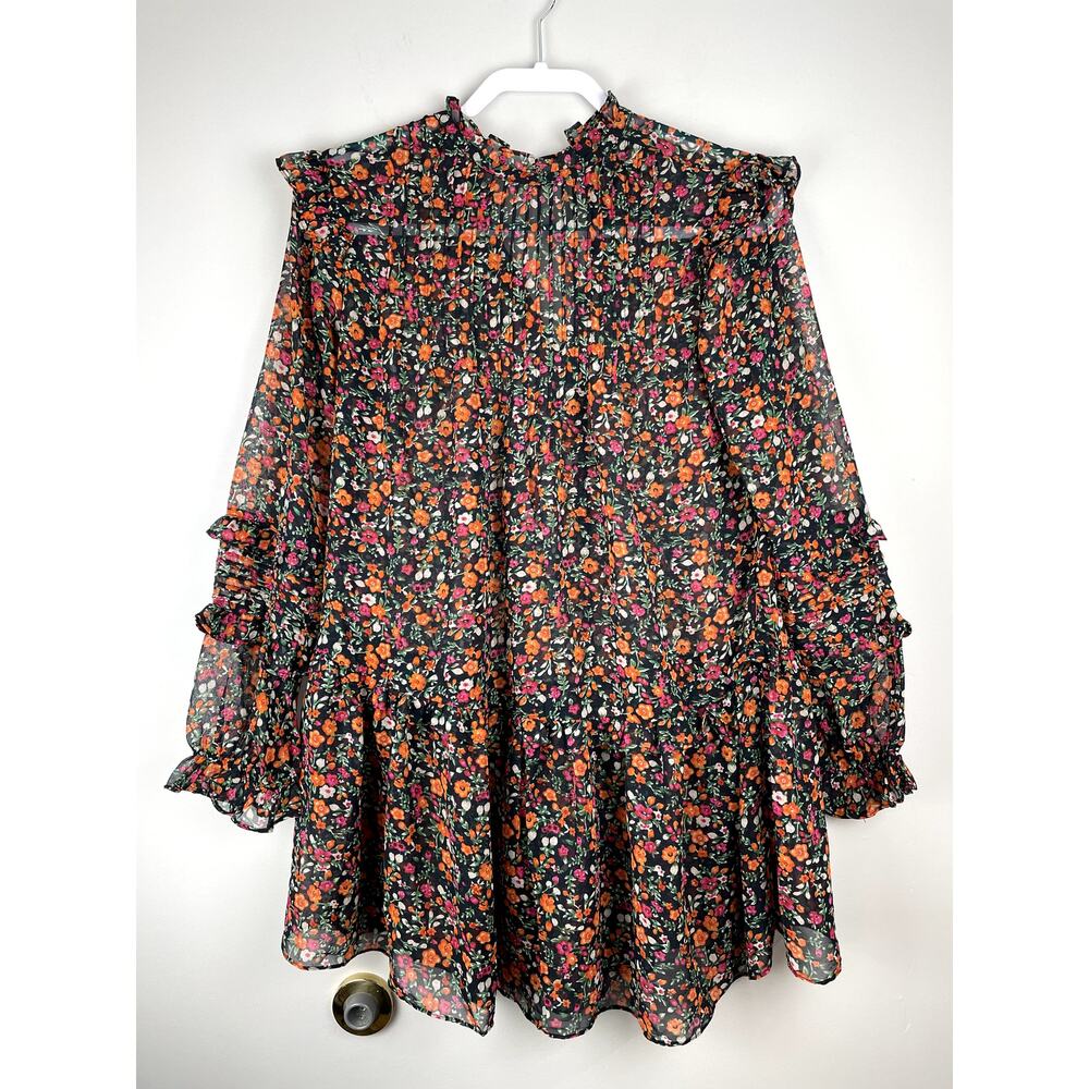 Topshop Ditsy Floral Pintuck Mini Dress Ruffle Chiffon Black Pink Size 6
